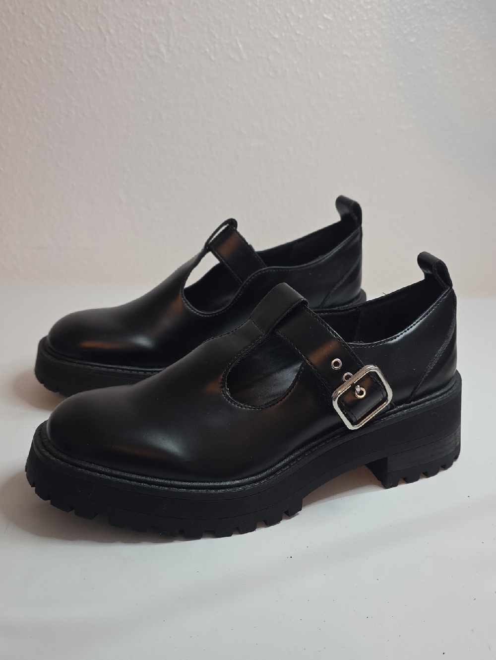 ZARA MARYJANE LEATHER LUGGED PLATFORM BUCKLE T-STRAP BLACK LOAFERS LADIES 38